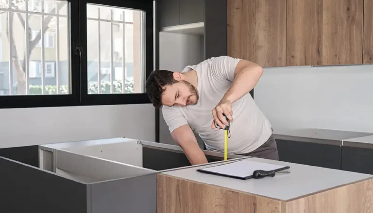 Fachmann misst Küchenschränke millimetergenau aus. Professionelles Küchenaufmaß garantiert eine passgenaue Einbauküche mit optimaler Planung und hochwertiger Küchenmontage.